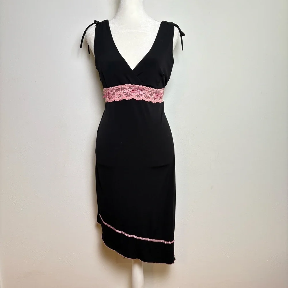 Vintage 90s Y2K Coquette Asymmetrical Babydoll Stretchy  Midi Dress Lace Bow S/M